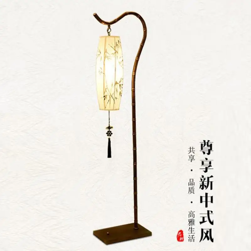 

Chinese style zen vertical bamboo leaf floor lamp new Chinese landscape painting tea room restaurant lamp retro study eye protec