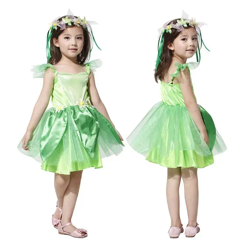 

Sleeveless Dress For Kids Halloween Carnival Party Girls Green Leaf Fairy Performance Costume Holiday Birthday Gift