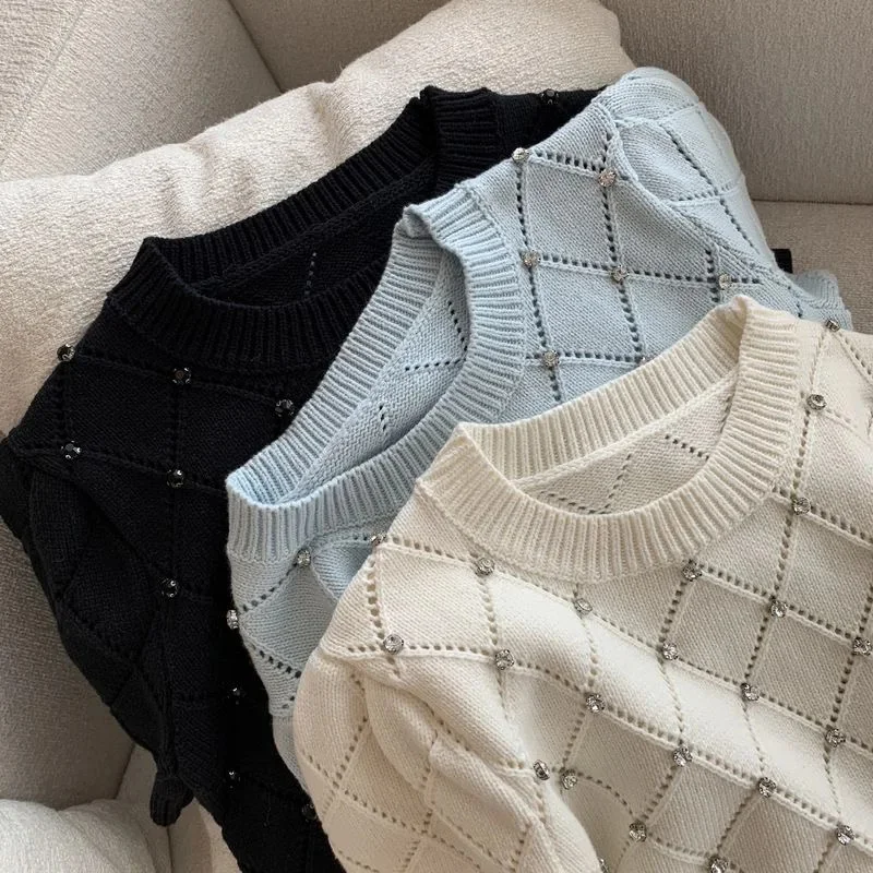 

Diamonds Decor Knitted Korean Sweater Women Summer Short Sleeve O-neck Knitwear Pullover Elegant Stylish Chic Top Jumpers