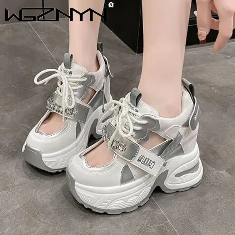 

2024 Heels Women Thick Bottom Wedge Sneakers Hollow Out Gladiator Breathable New Summer Shoes Woman Bling Leather Chunky Sandals