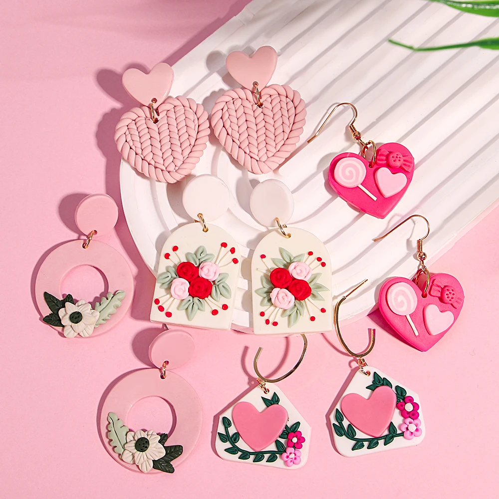 AENSOA Hollow Round Flower Earring For Women Polymer Clay Valentine\'s Day Girls Gift Heart Pattern Ear Accessories Jewelry INS