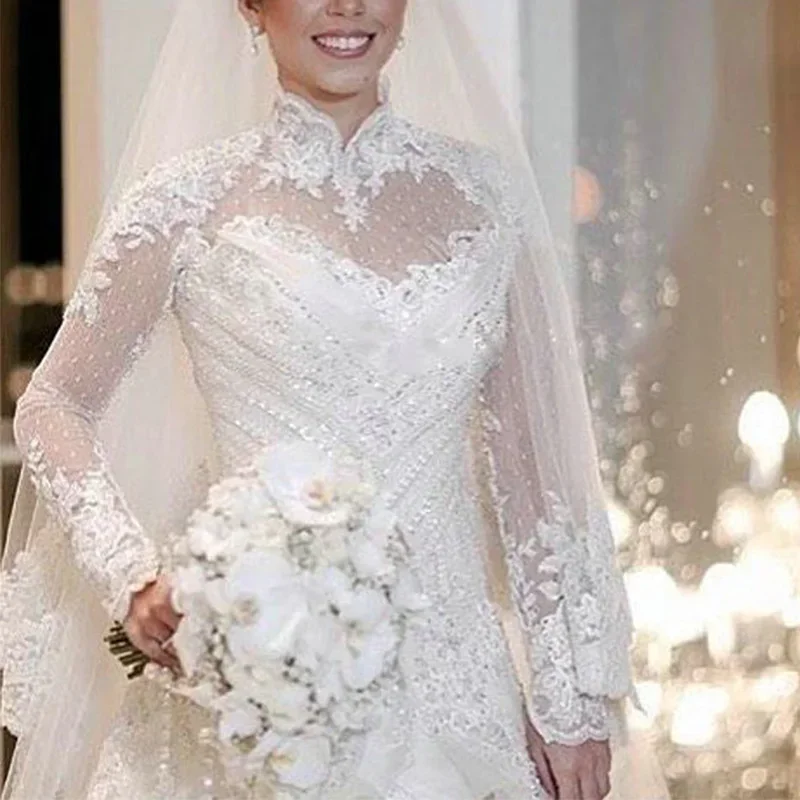 Customized  High Collar Appliques Beads Wedding Dresses Illusion Long Sleeves Buttons Back Multi-Layered Skirt Bridal Gown