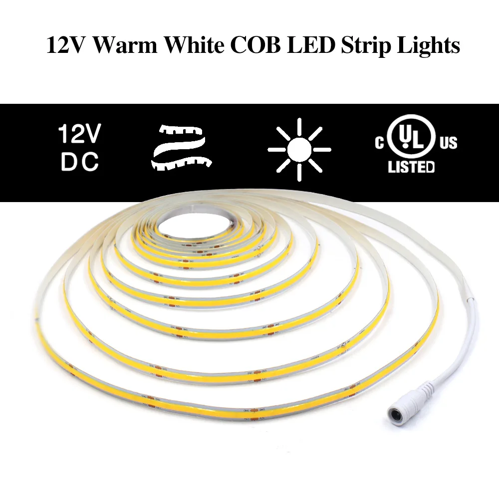 Tira de luces LED COB regulable, 12V, 24V, 320, 480, 528, cinta LED COB Flexible de alta densidad, iluminación lineal, blanco Natural cálido, RA90