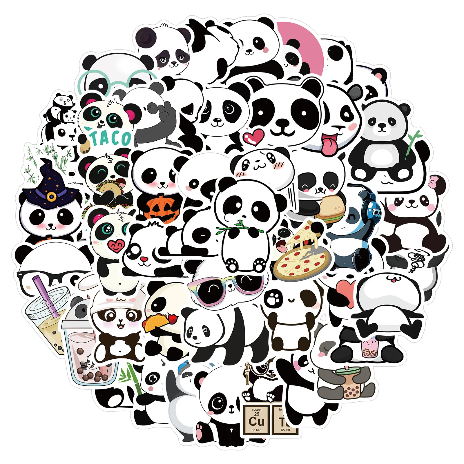 50pcs Cartoon Panda Sticker Pack Cute Laptop Skin Waterproof Phone Case Kawaii Packaging Laptop Skin Art Supplies