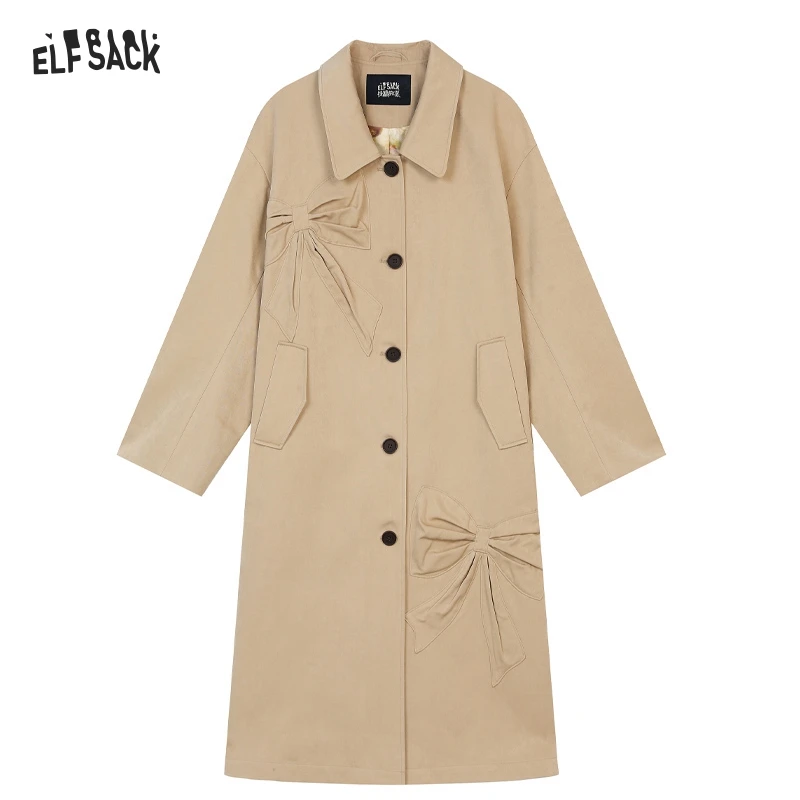 ELFSACK 2025 Spring New Arrivals Bowknot Khaki Trench Coat Women Fashion Korean Elegant Outerwear Woman Lapel Mid-length Coat Fe