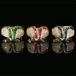 Adjustable Gold Tone Ring with Emerald Blue Sapphire Ruby Look Stones and Sparkling Zircons Exquisite and Stylish Women Jewelry