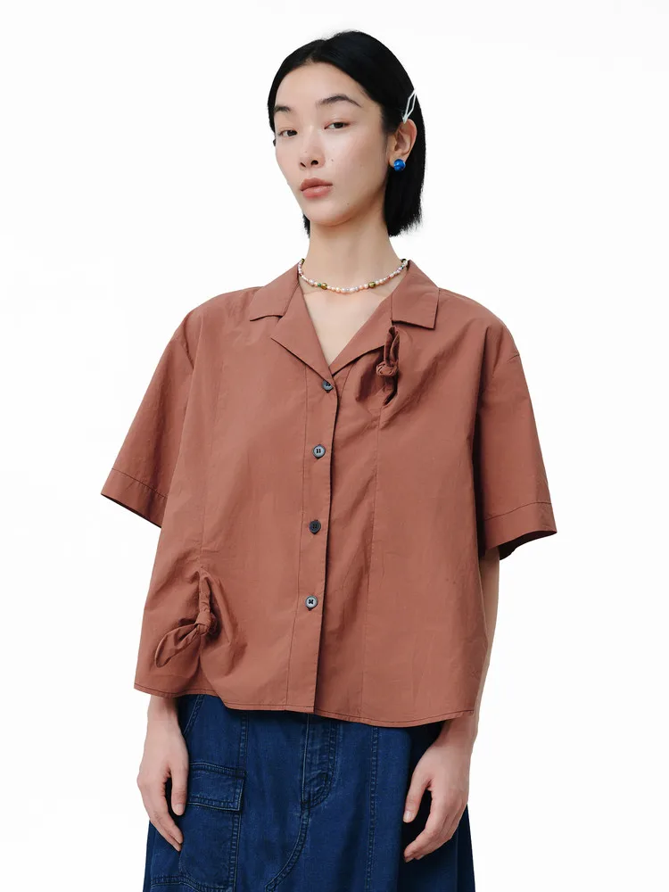 

MOVEUP Short Sleeved Shirt 2026 Summer New Office Lady Retro Pure Cotton Knot Button Drop Sleeves Casual Top For Women 125220404