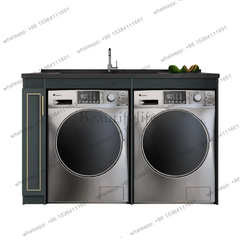 Balcony drying and washing double-position cabinet, basin on the counter, drum washing machine and dryer integrated cabinet