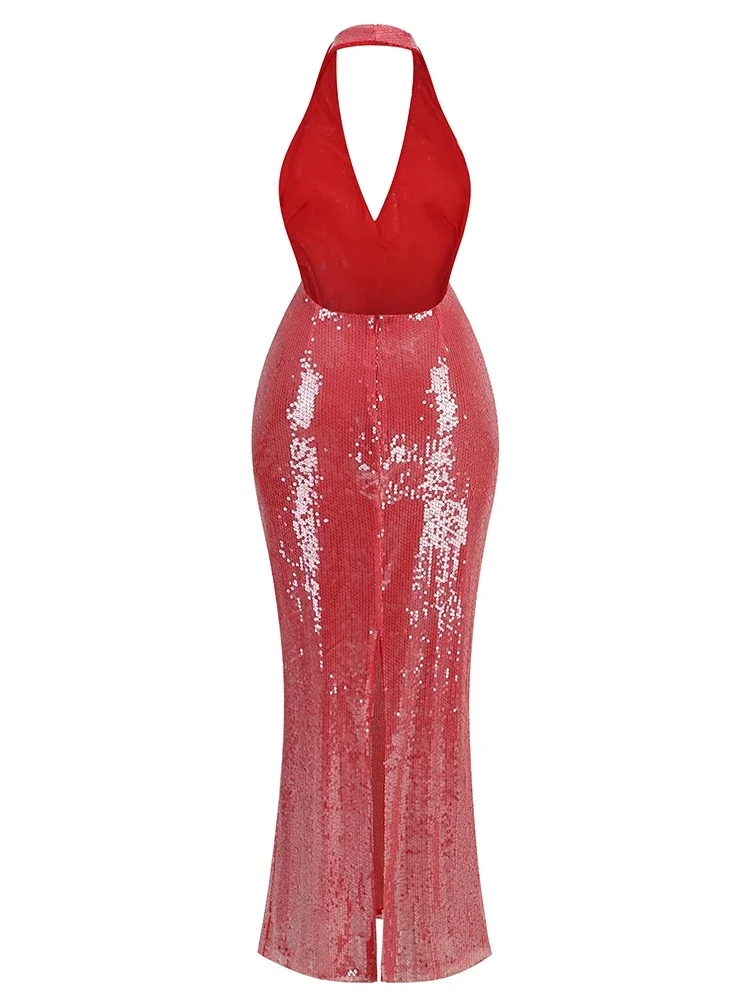 เซ็กซี่ Halter ลึก V คอ SHEER Sequins ชุดยาวผู้หญิงสีแดงแขนกุด Backless Sequined Slim Dresses Celebrity PARTY Gowns