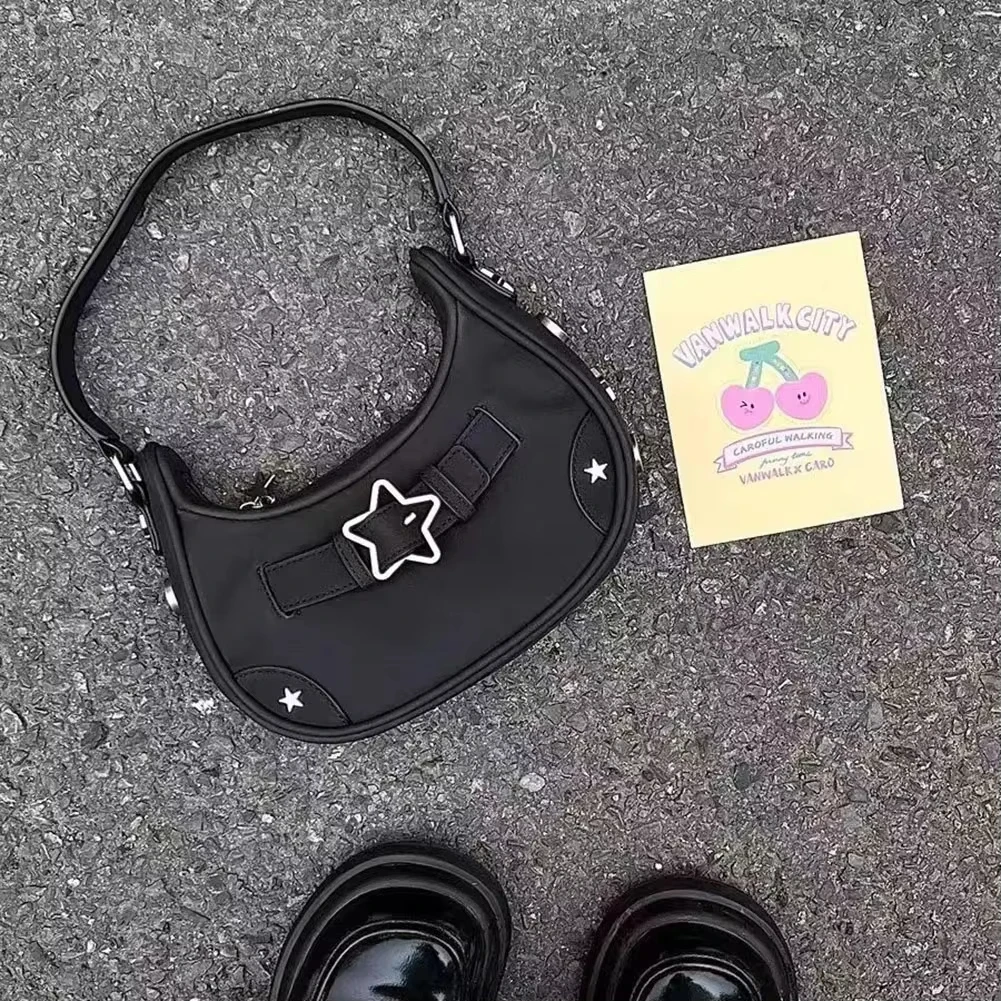

Y2K Gothic Star Girl Black Bag Women Vintage Handbag Fashion Shoulder Bag Large Capacity PU Crossbody Goth Purse Punk Tote Bags