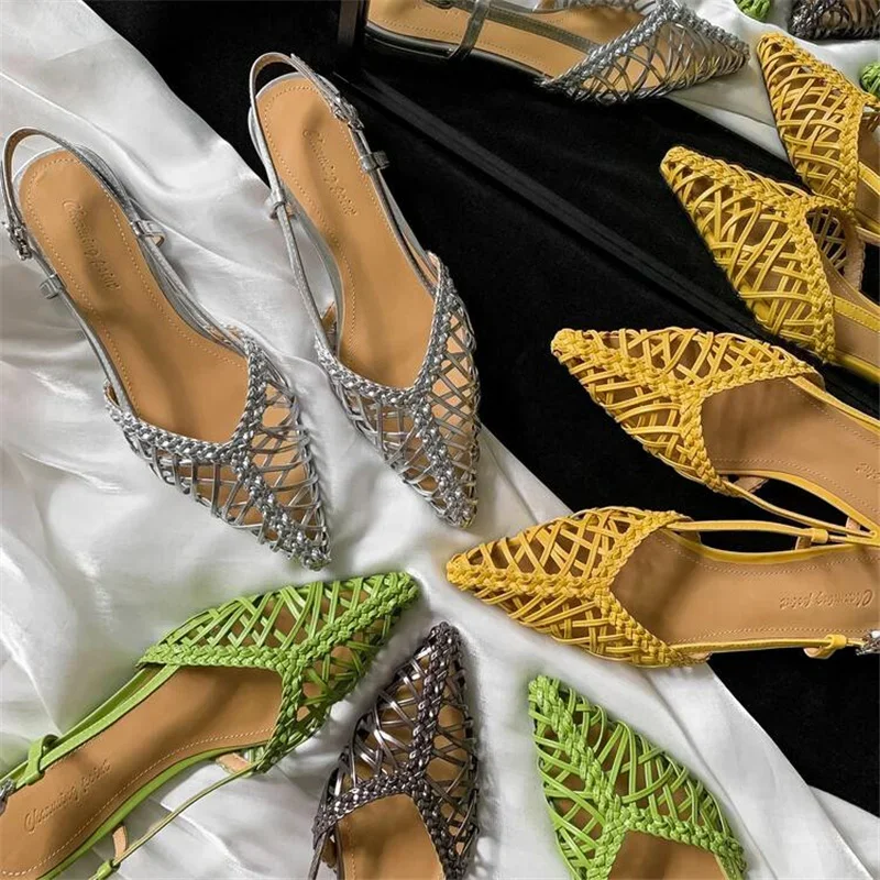 

Женские сандалии с полым плетением на низком каблуке, с ремешком на пятке, летние туфли с заостренным носком, сексуальные, для вечеринок, офиса, больших размеров JA04
