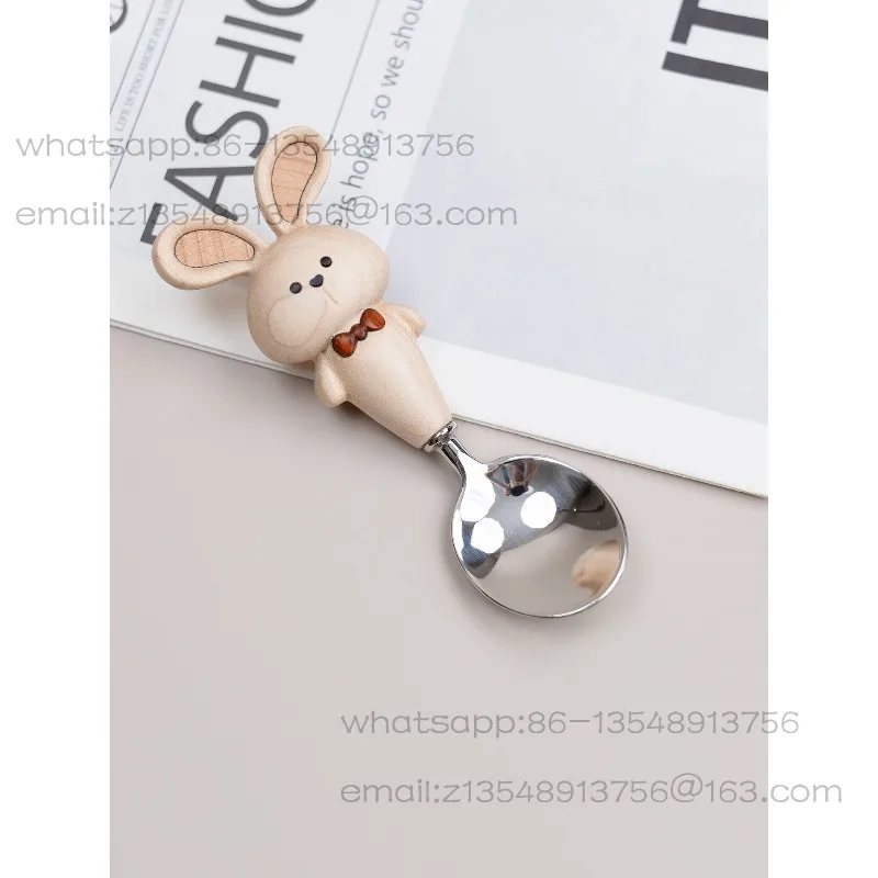 Little Rabbit Children's Fork and Spoon Set,Creative Cute Solid Wood Tutu Solid Wood 304 Stainless Steel Tableware Birthday Gift