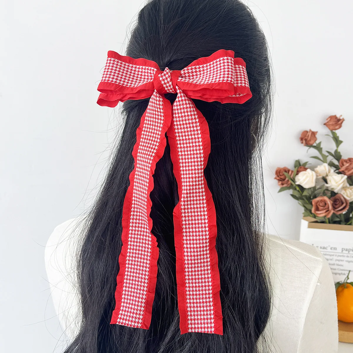 

Bulk New Cute Plaid 6" Frills Ribbon Bow Hair Clips Women Girls Long Tails Ribbon Bow Hairpin Barrettes for Kids Headwear