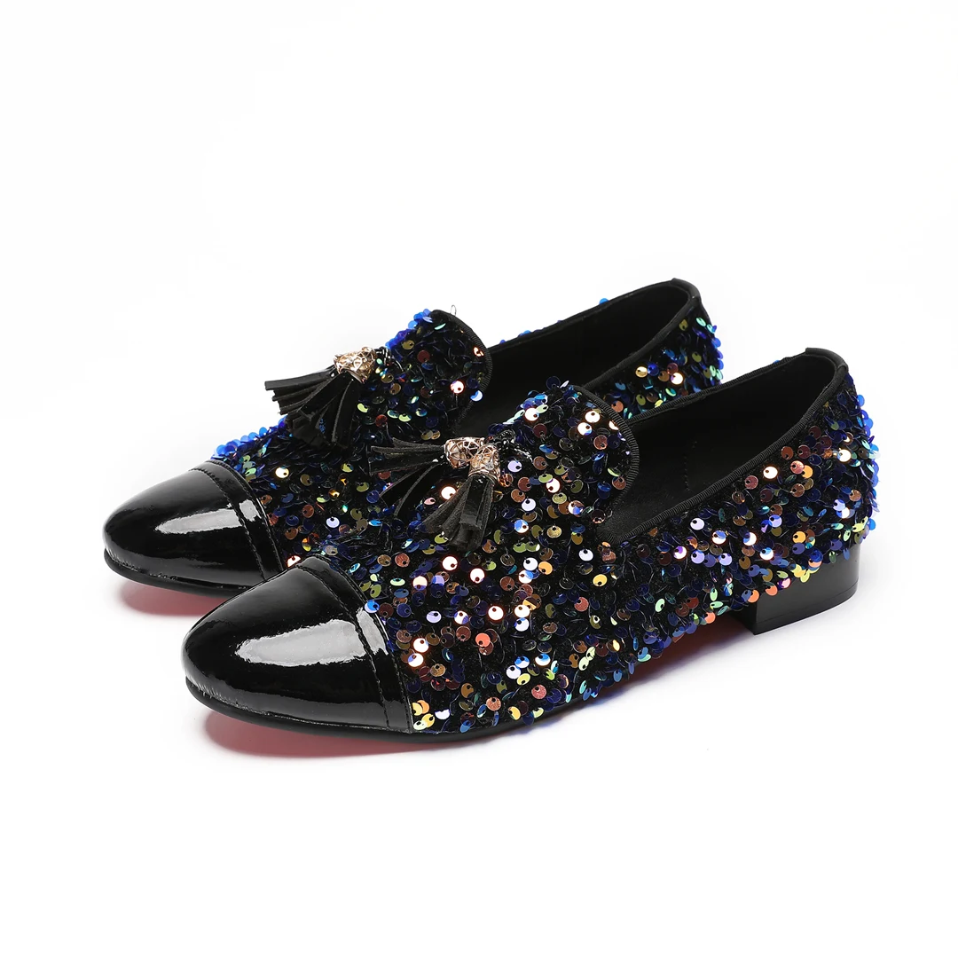 Multicolor Sequins Men Party Prom Loafers Big Size Real Leather Man Black Slip on Flat Shoes Fashion Wedding Men Club Dress Shoe