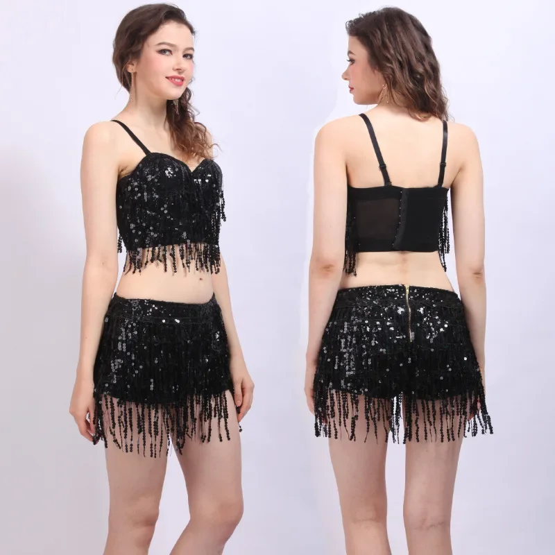 European and American style belly dance costumes sequins tassel shorts two-piece set hip lifting shorts stage costumes summer