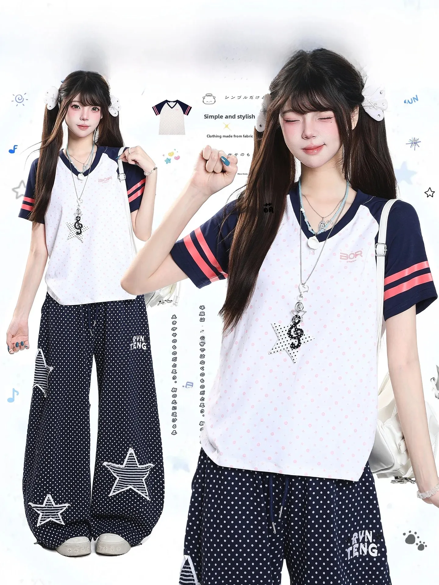 Summer Casual Loose Fit Women's T-shirt V-Neck Short Sleeve Slimming Stripe Design Cool Sweet Shoulder Level Top