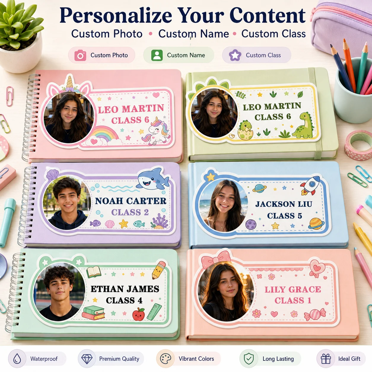 Custom photo name and class stickers, personalized student labels, suitable for books, notebooks, pencil cases, water bottles, lunch boxes, and school supplies