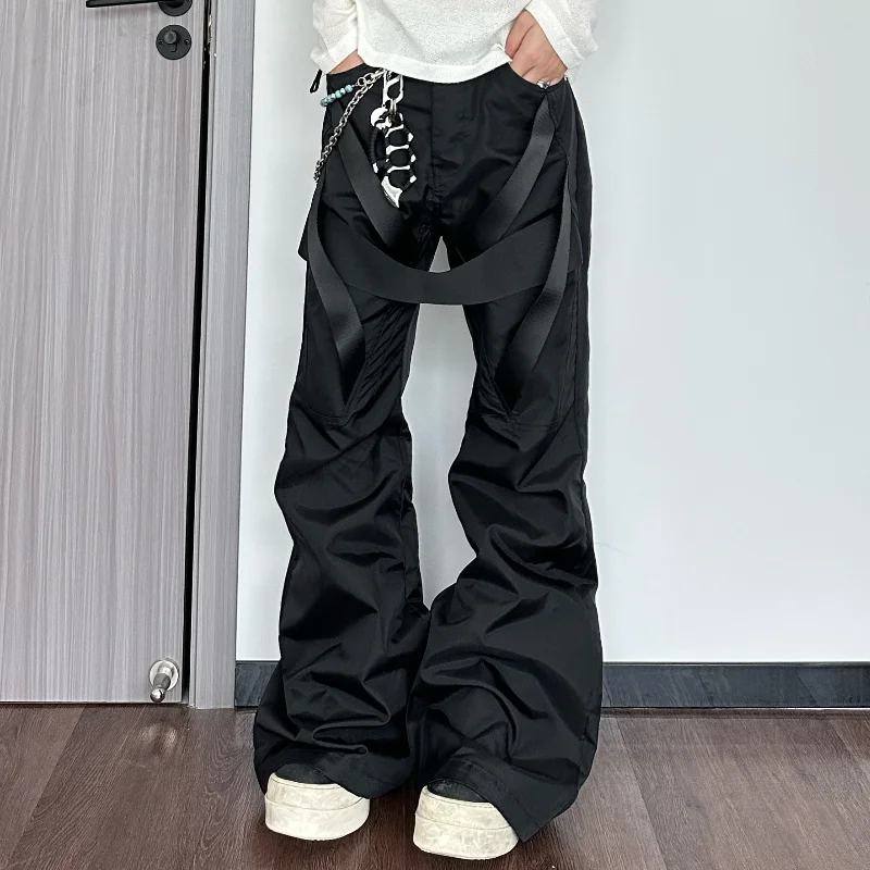 MWJLPWQ Black Patchwork Strap Design Wide-Leg Flared Floor-Length Pants Nylon Street Visual Style Trousers 2026 Autumn New 20936