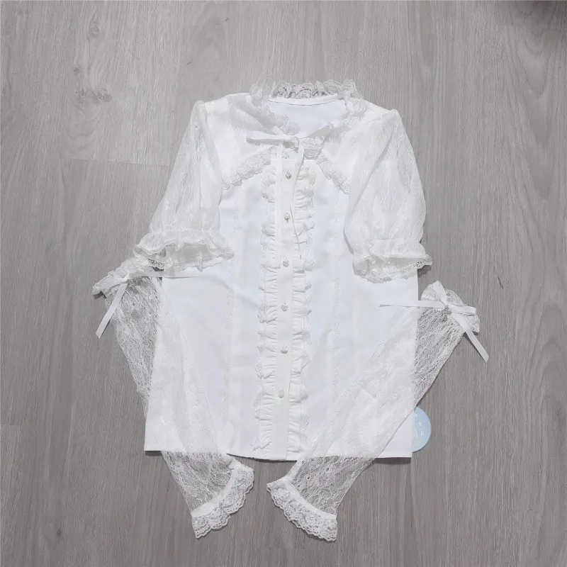 2025 Summer Lace Shawl Short-sleeved Shirt Japanese Rojita Style Blusas White Single-breasted Slim-fit Blouse Women's Clothing