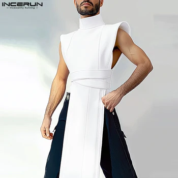 INCERUN เสื้อกันหนาวสไตล์ใหม่ Mens Tops กึ่งสูงคอไม่สม่ําเสมอ Hem เสื้อเซ็กซี่ชายยาวสไตล์ยาวเสื้อแขนกุด 2024 S-5XL