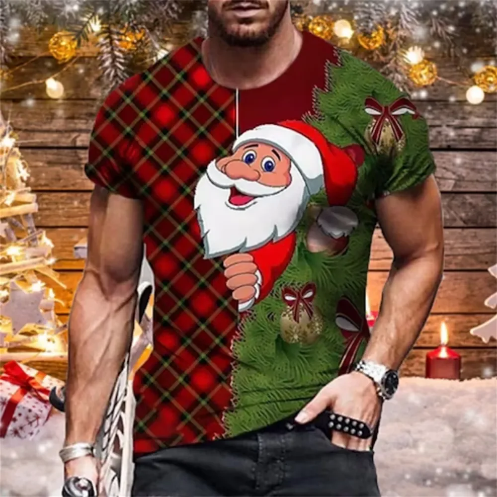 Men'S Christmas T-Shirt 3d Pattern Printed Short Sleeve Santa Claus Print Pullover Holiday Party Clothing Loose Breathable Tees