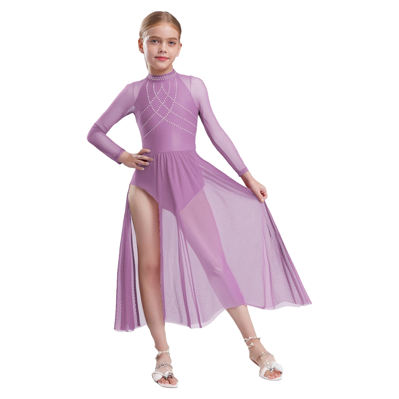 Girls Modern Lyrical Dance Costume Figure Skating Gymnastics Performance Dancewear Rhinestones Sheer Mesh Split Dress Leotard