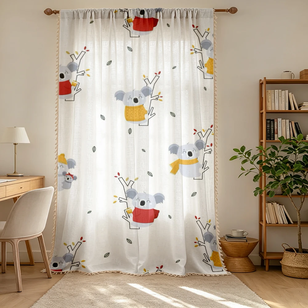 1PC Cartoon Tassel Sheer Curtains, Koala Bear Tree, Digital Print, Linen Polyester, Bedroom Living Room Kids, Home Decor