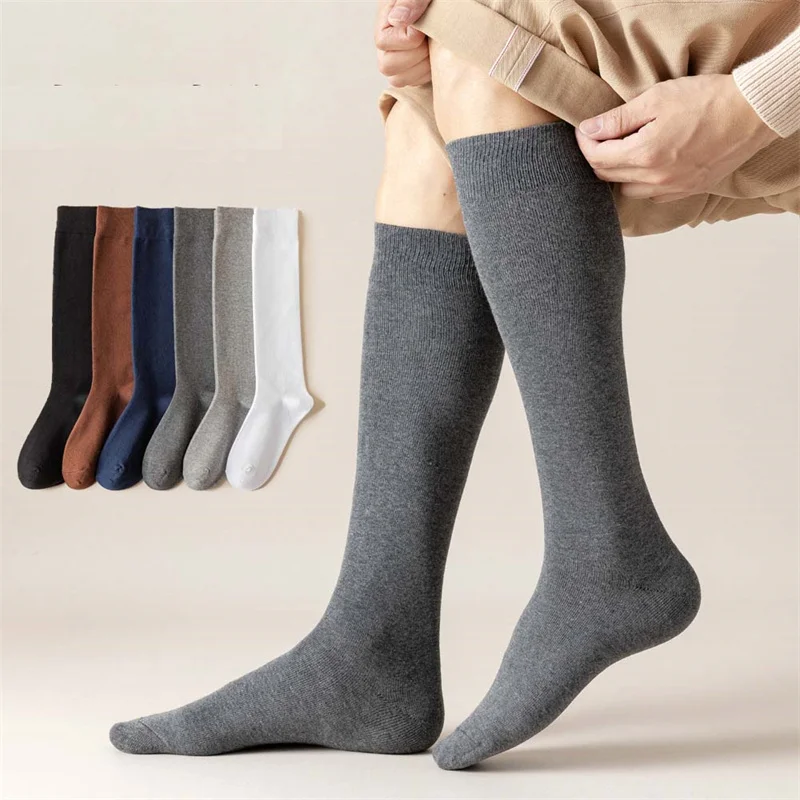 

5 Pairs Men Long Socks Knee High Cotton Solid Business Soft Elastic Party Dress Formal Gentleman Stocking Four Seasons