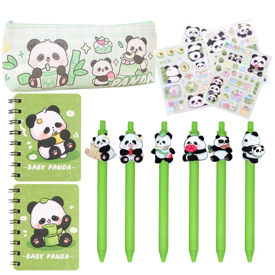 13pcs Panda Stationery Set Green Panda Pencil Case Gel Pens Panda Stickers Notebooks, Ideal for School and Office Supplies