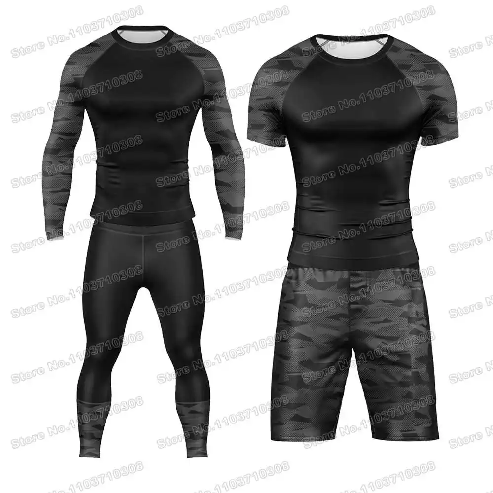 

BLACK CAMO WWF Rash Guards Surfing Jersey Beach Shirts Swimwear Diving Gym Shorts MMA BJJ Men Jiu Jitsu Fitness Sets