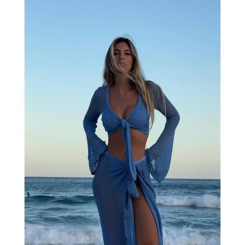 

Laceup Two Piece Knitted Hollow out Set Women's Fashion Summer Outfit Cross Border European Style No Brand Registered Trademark