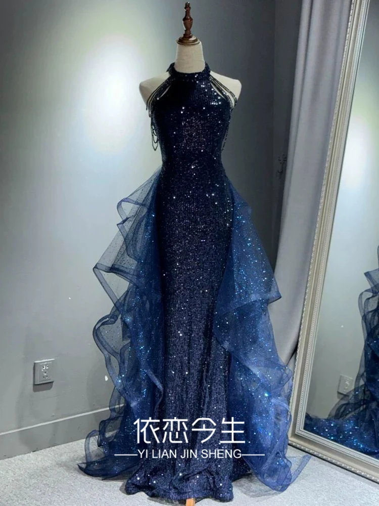 

Blue Evening Gown Dr 2025 New Sle Banquet Host Luxury High-End Sensation Women Art Exam Adult Ceremony Faionable Zipper