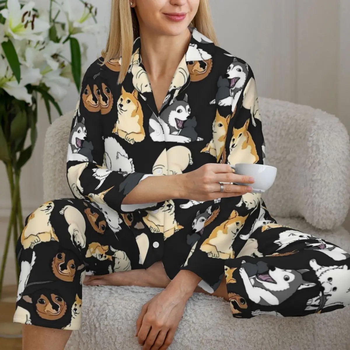 Cartoon Shiba Inu Pajamas Womens Meme Doggo Cute Room Nightwear Spring 2 Pieces Casual Oversized Pattern Pajama Sets