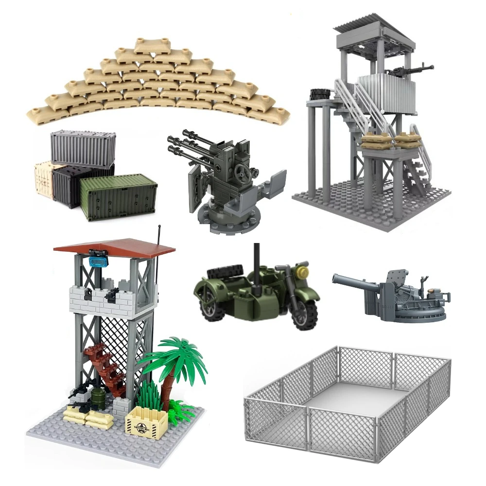 MOC Military Building Blocks Tricycle Motorcycle Protective Net Sandbag Anti-Aircraft Gun Wire Mesh Outpost War Scene Toy