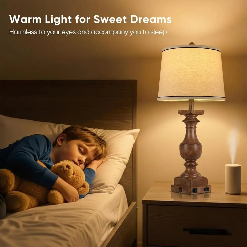 مصابيح طاولة من الخشب المحبب، مجموعة مصابيح مكتبية مكونة من 28 قطعة من الراتنج لغرفة النوم، مصابيح بجانب السرير في المزرعة مع ظلال من الكتان، USB A+C P