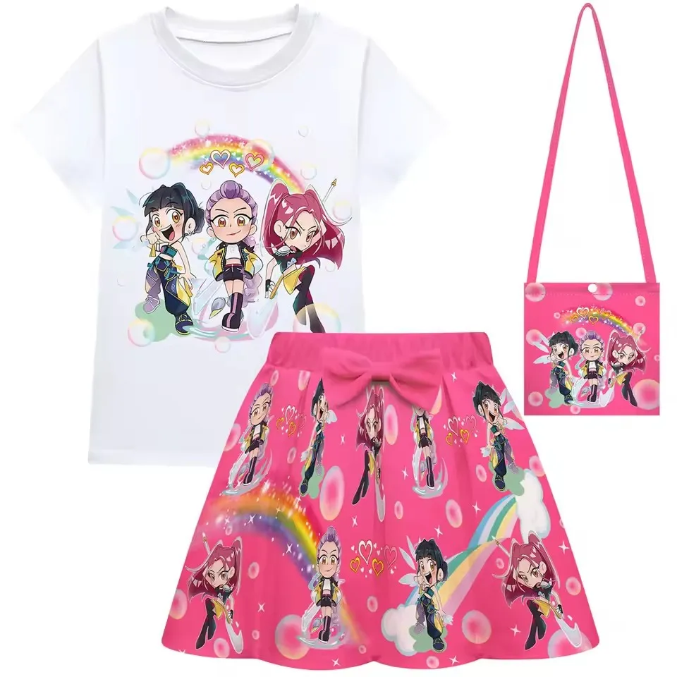 KPop شيطان الصيادين رومي المعبود تأثيري الاطفال زي مجموعة 3 قطعة ميرا تي شيرت فستان حفلة أنيمي الملابس للفتيات