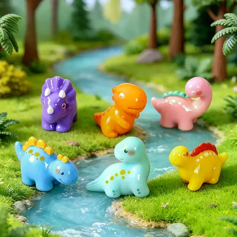6Pcs Cute Mini Dinosaur Resin Figurine Set Cartoon Dinosaur Ornament DIY Accessory For Micro Landscape Phone Case Fridge Decor