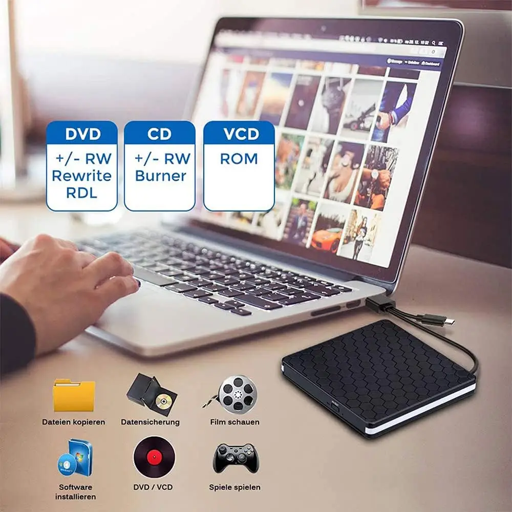 Externes CD-DVD-Laufwerk für Laptop, USB 3.0 USB C CD-Brenner, tragbares DVD +/-RW-Laufwerk, CD-Player, Lesegerät, Schreibgerät, Recorder für Desktop – Detail 6