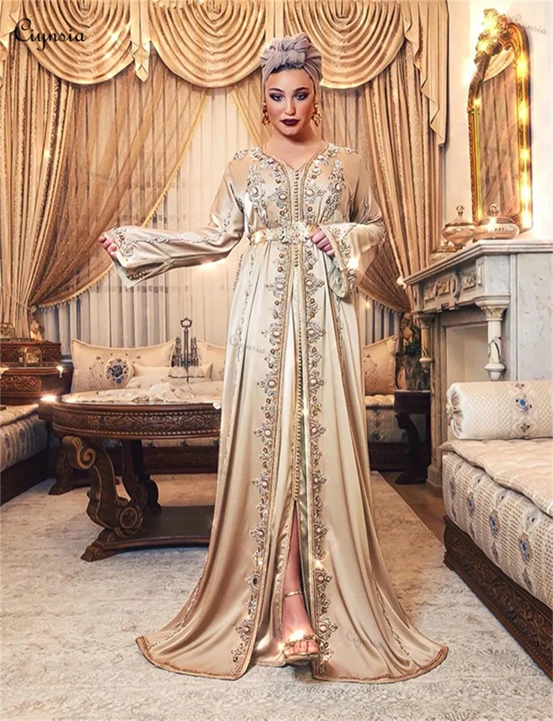 Ciynsia A-Line Satin Long Sleeve Nigeria Moroccan Caftan Evening Dresses Abendkleider Champagne Muslim Formal Party Gowns Women