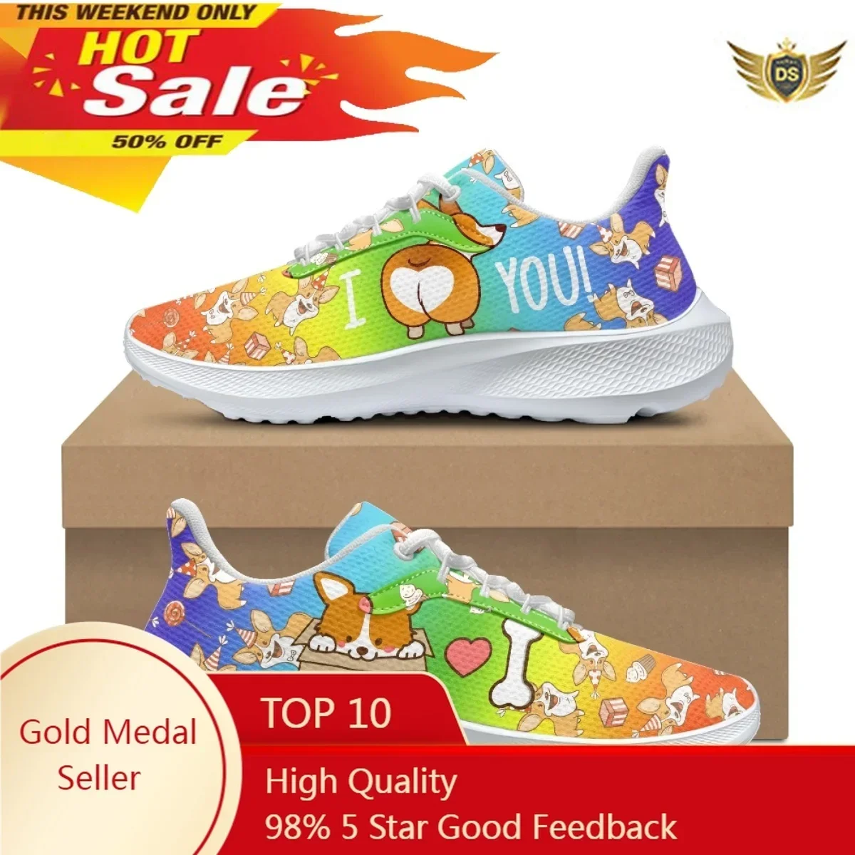 

Summer Autumn New Casual Sneakers For Ladies Cartoon Corgi Print Outdoor Sports Running Shoes Comfort Soft Vulcanized Sole Shoes