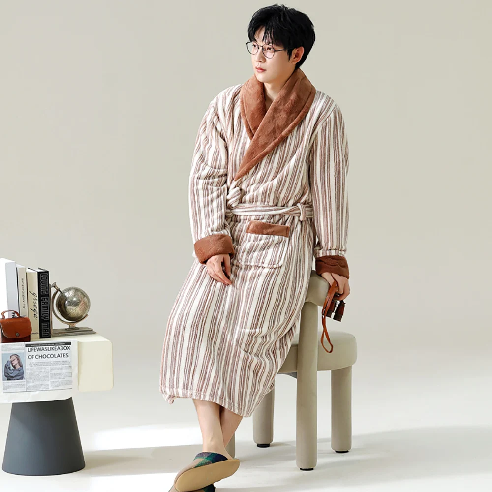 Luxury Striped V Neck Men\'s Bathrobe For 82.5kg Winter Thicken Flannel Plush Double Warm Sleepwear Comfortable Soft Shower Robe