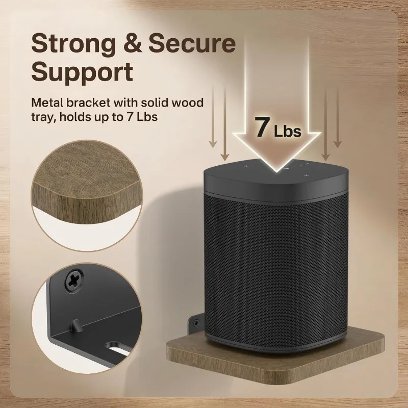 Wall Mounted Speaker Shelf Pair with Solid Wood Trays, Metal Brackets, 7lb Support for Small Rear Surround Audio Speakers