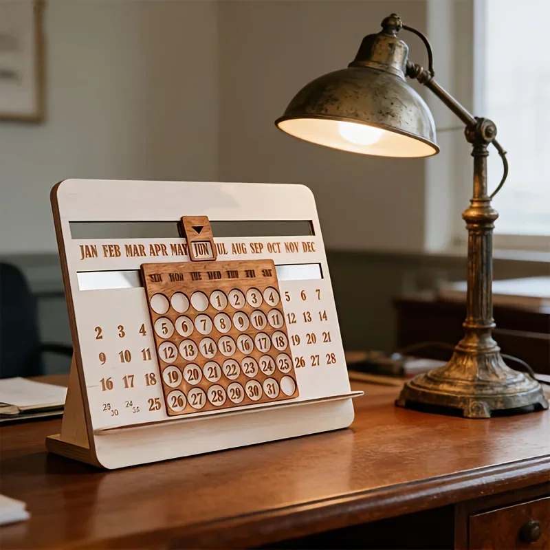 Holz-Dauerkalender mit Monatsübersicht und Ganzjahresanzeige - Tischkalender Geeignet für Büroplanung und Dekoration – Detail 1