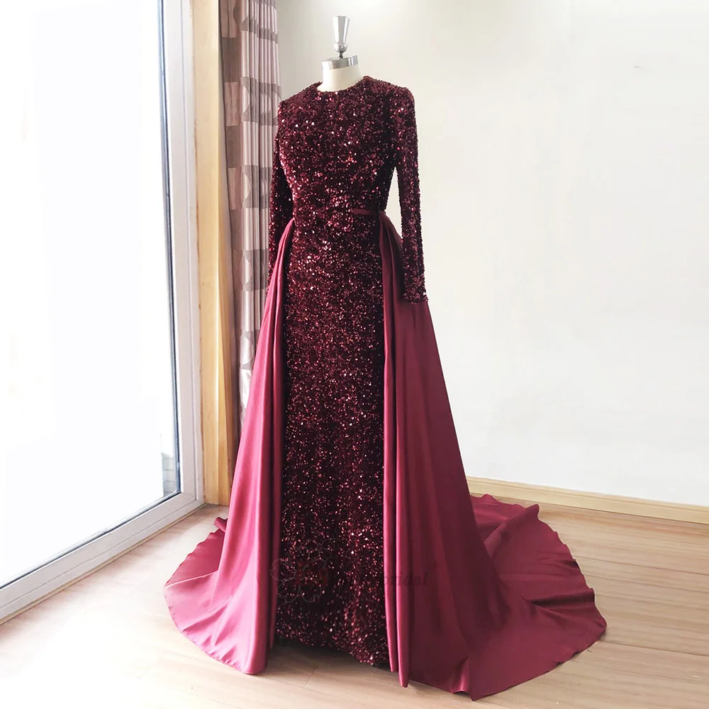 Elegant Mermaid Evening Dresses 2024 O-Neck Long Sleeves Sequin Velvet Prom Formal Party Gown with Detachable Train Customized