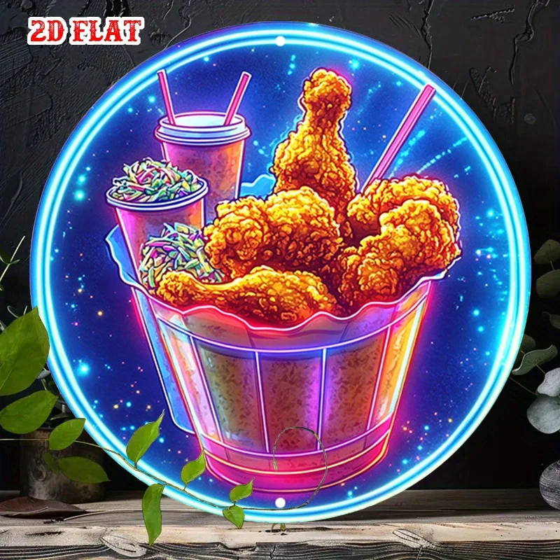 Letrero metálico vintage con luz de neón de pollo frito y fideos, arte de pared redondo de aluminio para cafetería retro, casa de playa, patio trasero, 1 unidad