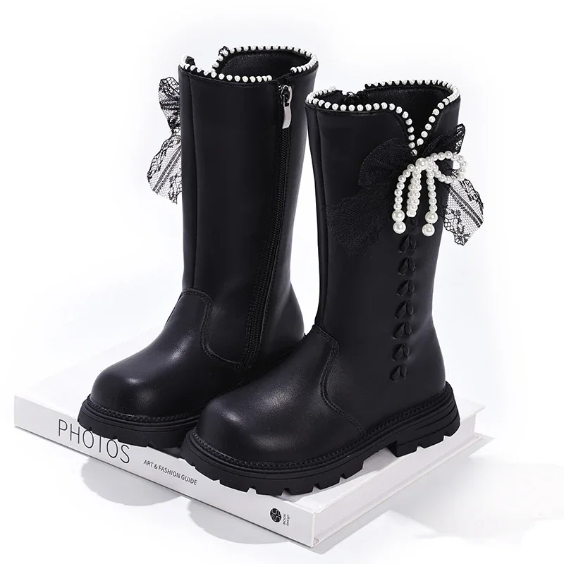 Toddler Girls Knee‑High Princess Boots Pearl Lace Bow Side Zipper Non‑slip Thick Sole Dress Boots For Party Holiday Daily Wear