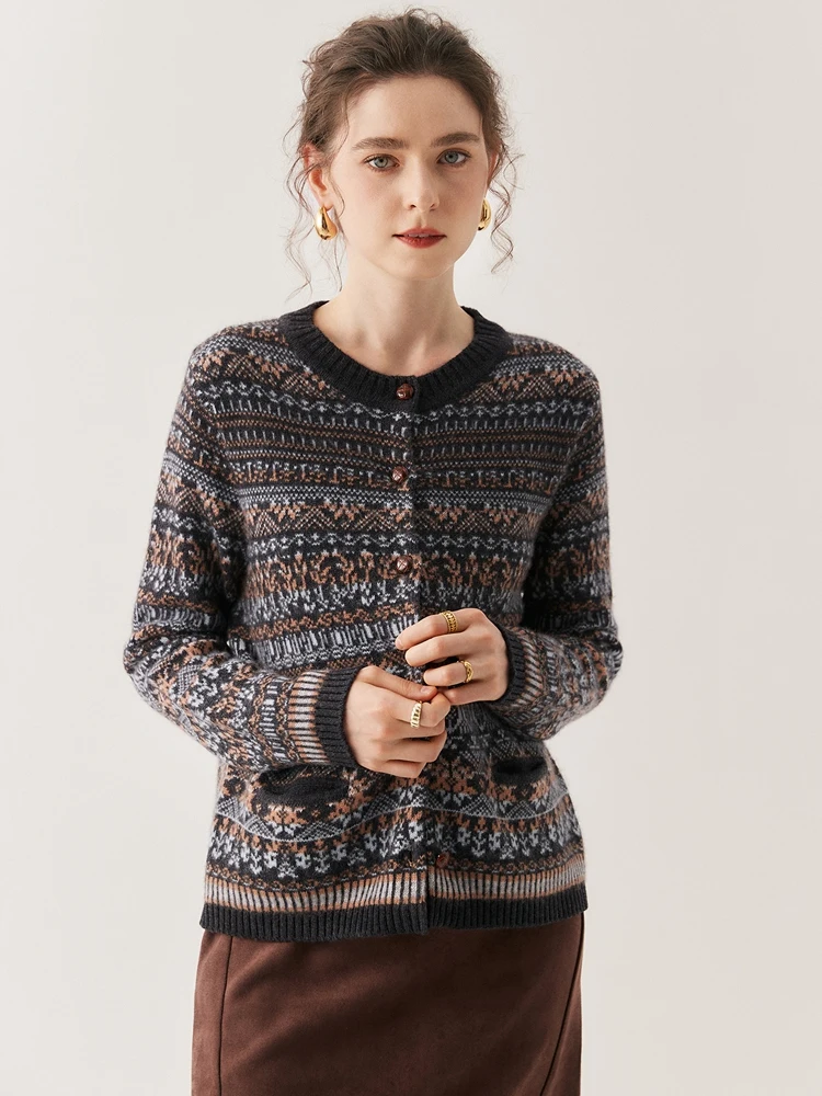 

Exquisite Warm Soft O-Neck Inlaid Pattern Thick Cardigan Sweater 100% Cashmere Women's Autumn Winter Grace Vintage Clothing Tops