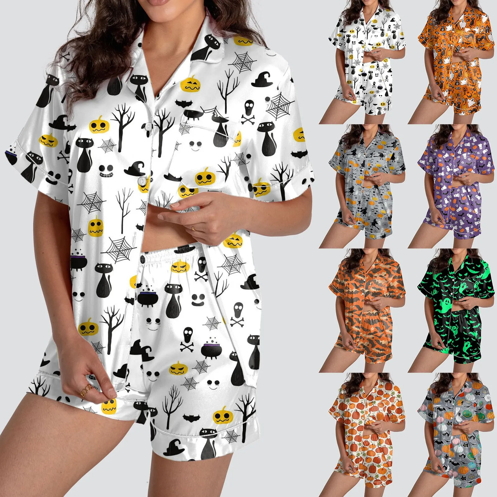 

Halloween Two Piece Pajama Set Women Ghost Pumpkin Graphic Short Pajamas Set Short Sleeve Button Top Comfy Shorts Sleepwear