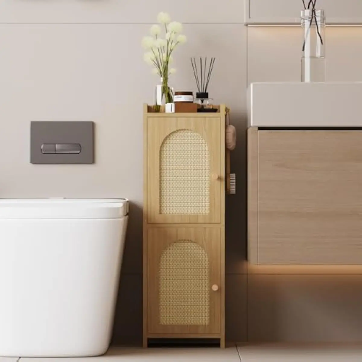 Rattan-Clad Compact Bathroom Cabinet Featuring Dual Doors Adjustable Interior Shelving Dust-Moisture Resistant Fan-Shaped Front