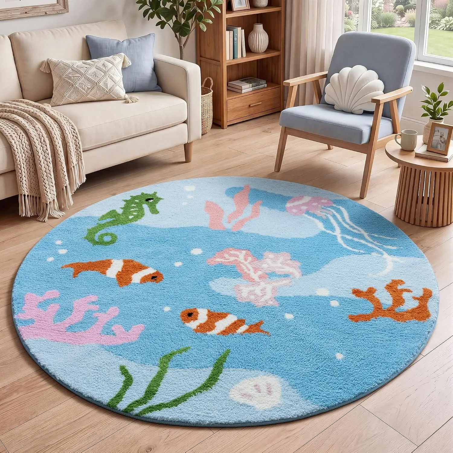 Round Ocean Sea Life Polyester Plush Rug for Kids Nursery Living Room Aquarium Decoration Washable Polyester Carpet Mat